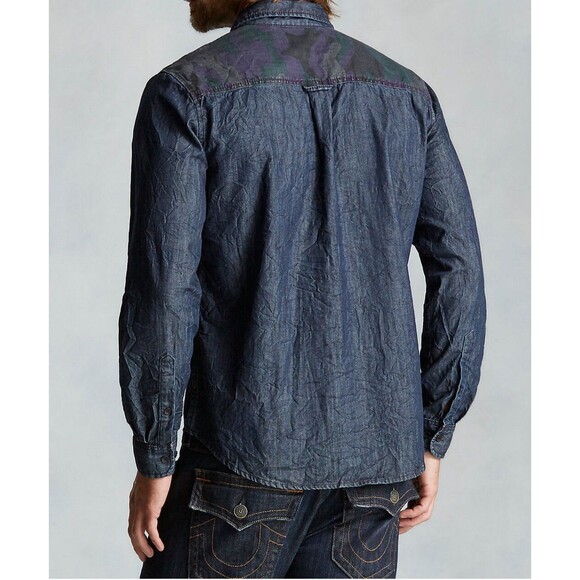 New Mens NWT True Religion Jeans Designer Denim Camo Shirt Button Down S Blue - Picture 4 of 10